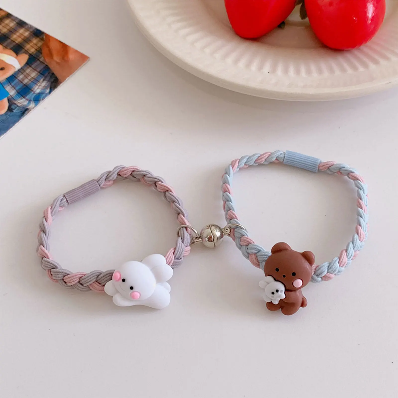 2pcs/set Mutual Attraction Elastic Rope Bears &amp Rabbits Friendship Bracelet Hand Hair Ring Gift for Valentine's Day BF - купить по
