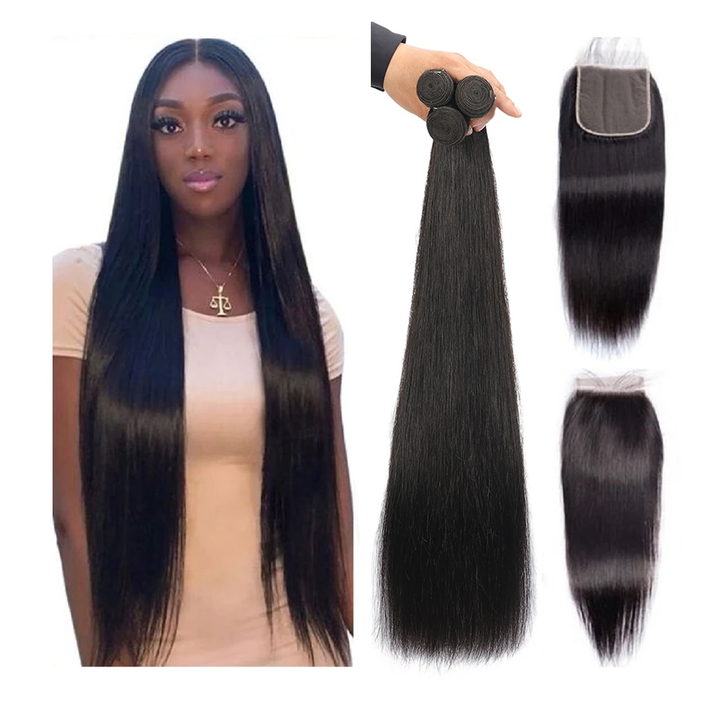 

BAHW Straight Human Hair Bundles With Closure Lace Closures With Bundles Brazilian Hair Weave Bundles With 4X4 Closure Remy Hair