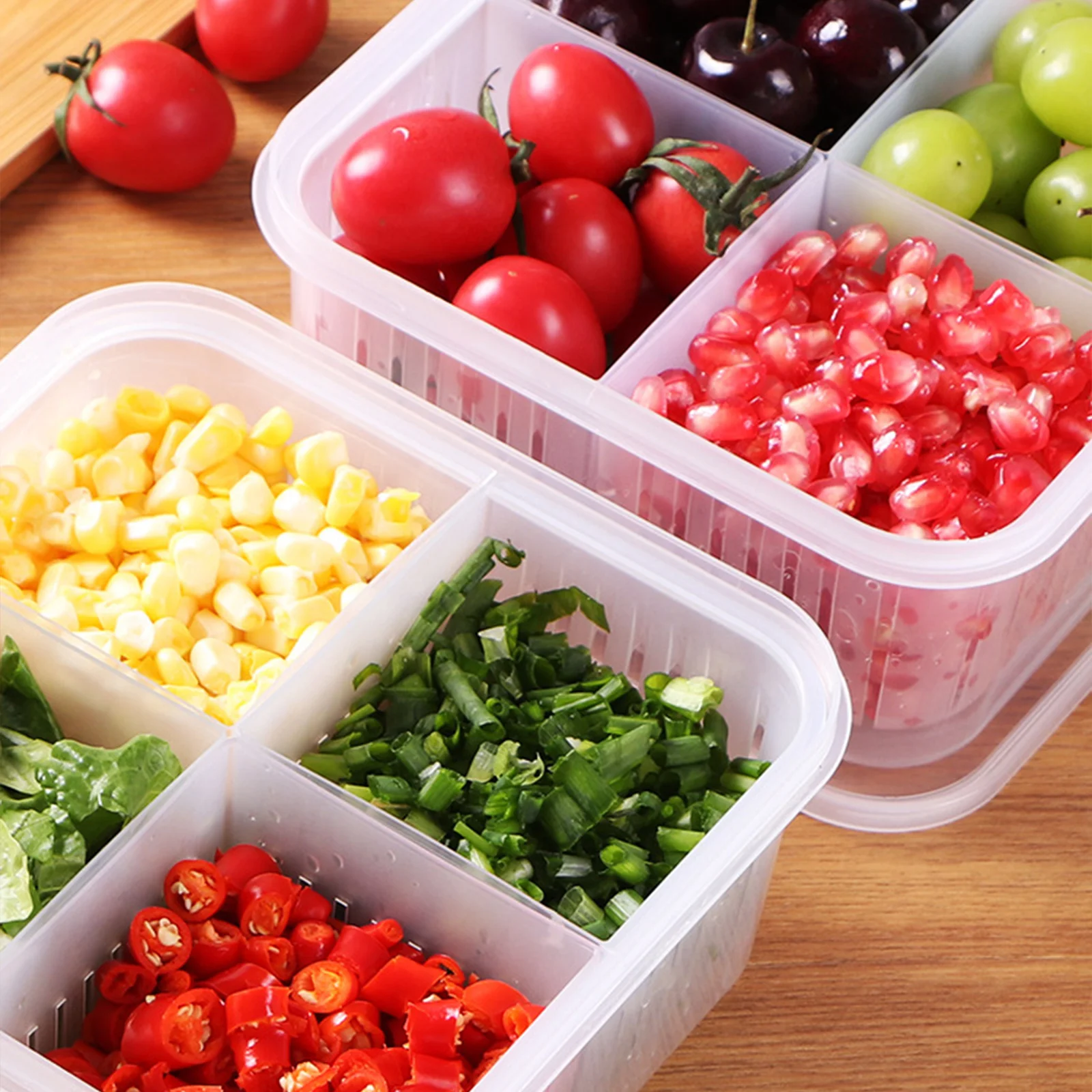 

Multifunctional 4-in-1 Refrigerator Storage Box Drain Sealed Fresh-keeping Box For Fruits Ginger Garlic Onion Kitchen Organizer