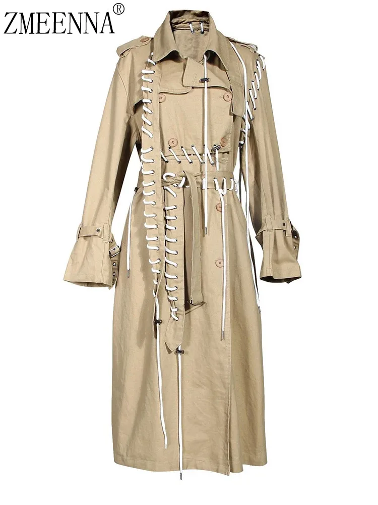 ENA ZMEENNA bandaż w kolorze khaki duży rozmiar długi elegancki trencz damski nowy z klapami długim rękawem wiatrówka Fashion Tide wiosna