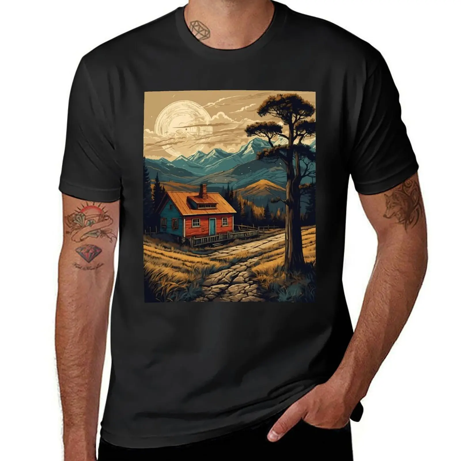 Рустикальное спокойствие: футболка с изображением горной кабины в сумерках