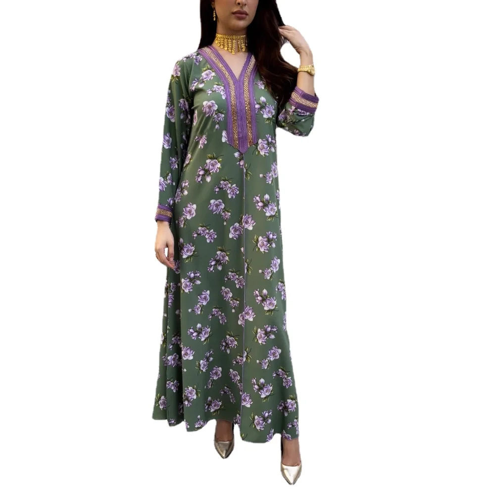 

Green Summer Dress V Neck Beading Long Sleeve High Fashion Elegant Evening Party Women Floral Dresses