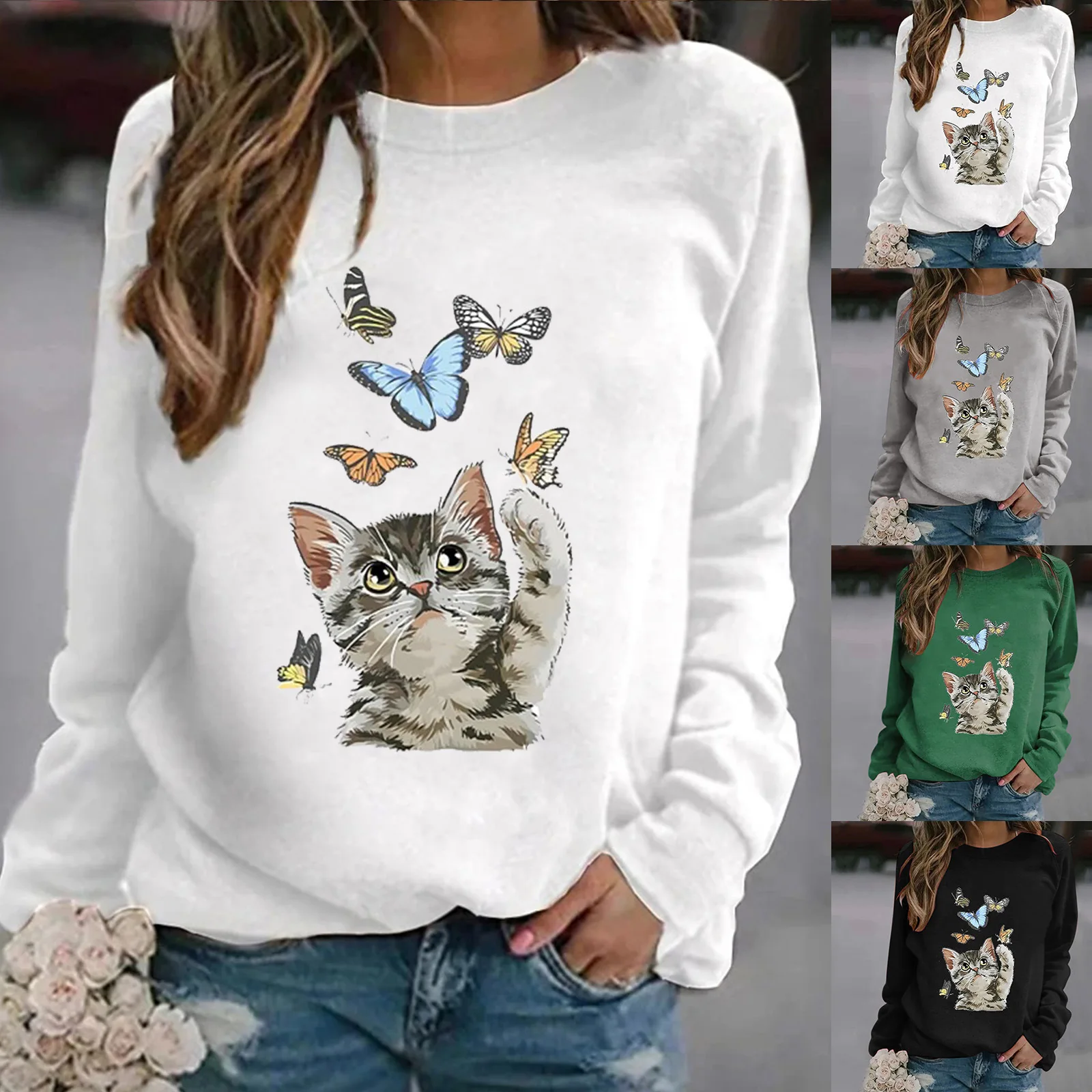 

Spring and Autumn Women's Cat Butterfly Print Long Sleeve Round Neck Sweater Casual Cute Top Female & Lady
