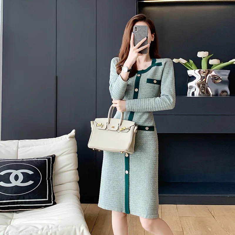 

High Quality 2023 Elegant Contrast Color Design Women Dress Female Evening Party Autumn Winter Crop Top Clothes Casual Y2k Robe