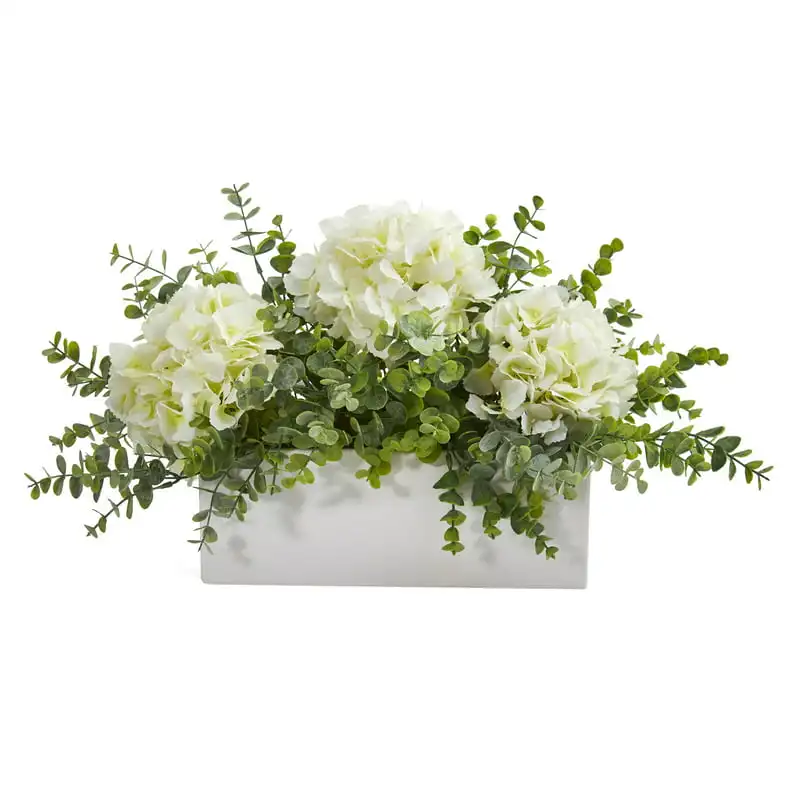 

Hydrangea and Eucalyptus Artificial in White Vase, White Mom gift Palm leaves White roses Decoration Wedding bouquet for brides