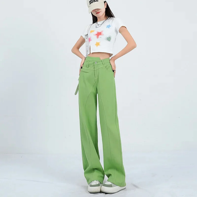 

Женские Асимметричные прямые джинсы, свободные облегающие и стройнящие, Новинка лета 2023, корейские широкие брюки с высокой талией