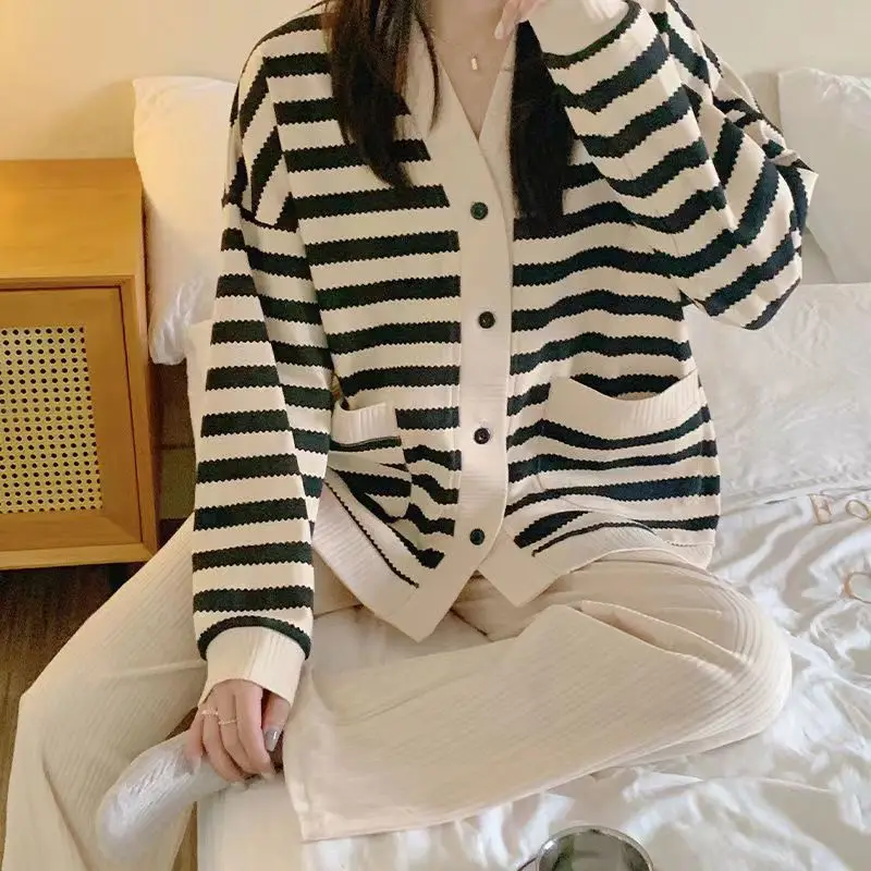 Wearable Pajamas For Women In Spring Autumn Japanese Stripes Daily Comfortable Household Clothes Cardigan Large Simple Pajamas