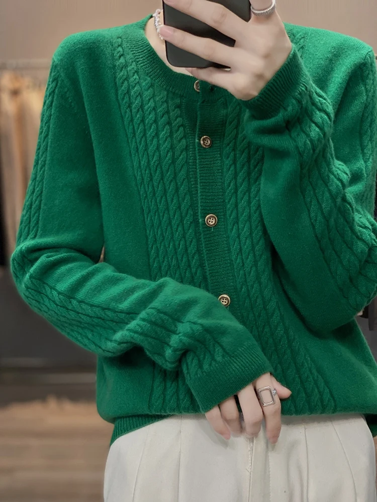 2023 Autumn And Winter New Round Neck Twist Flower 100% Pure Wool Sweater Cardigan Women's Loose And Thin All-Match