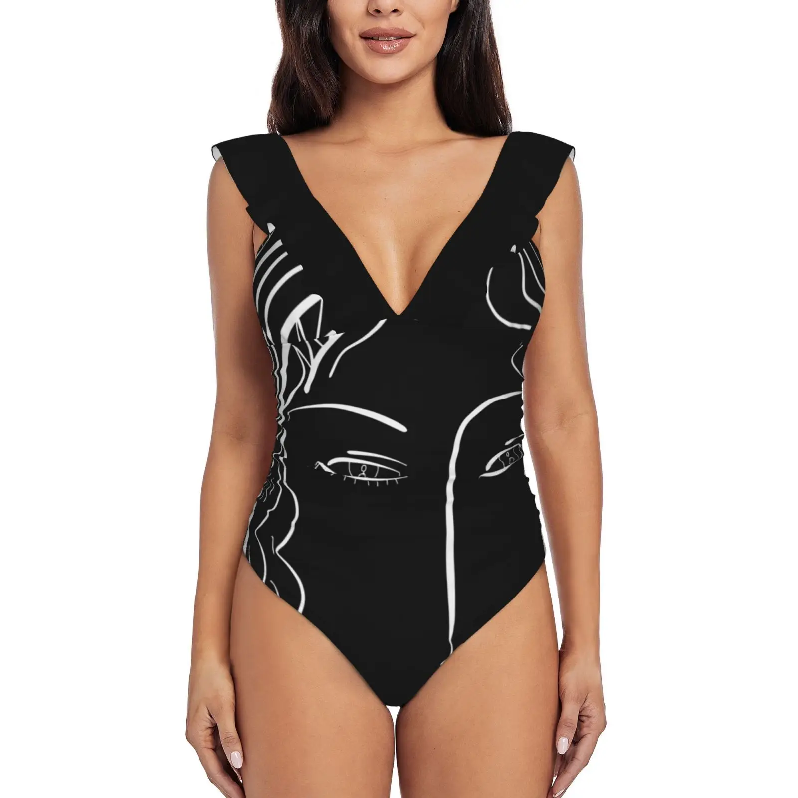 

Черно-белый минималистичный портрет девушки с оборками цельный купальник женский купальник Монокини пуш-ап сексуальный купальный костюм с принтом черный