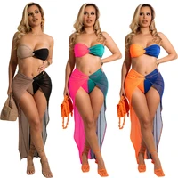 summer sexy splicing casual tracksuits for women sleeveless chest wrap and mesh long skirts with briefs 3 piece sets nk303