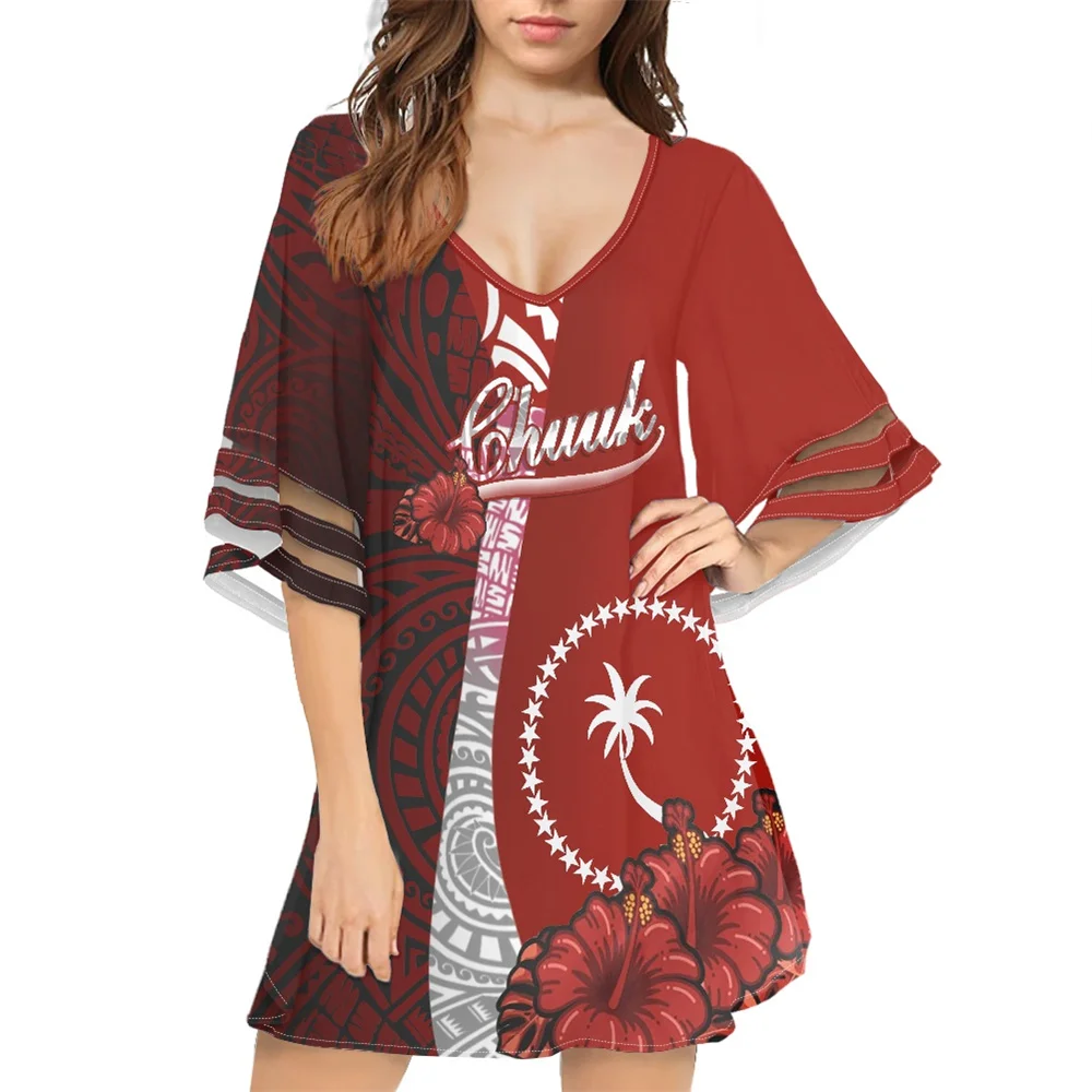 

Women Elegant Chiffon Flare Sleeve V Neck Midi Dress Polynesian Samoan Clothing Colorful Chuuk Islands Print Custom Floral Dress