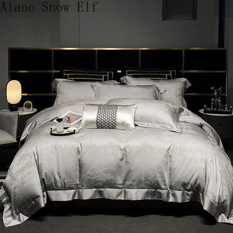 

Natural Luxury Gray Silk Cotton Beauty Home Bedroom Bedding Set with Cover Flat Sheet Bed for Adult Bed Set Edredom Queen