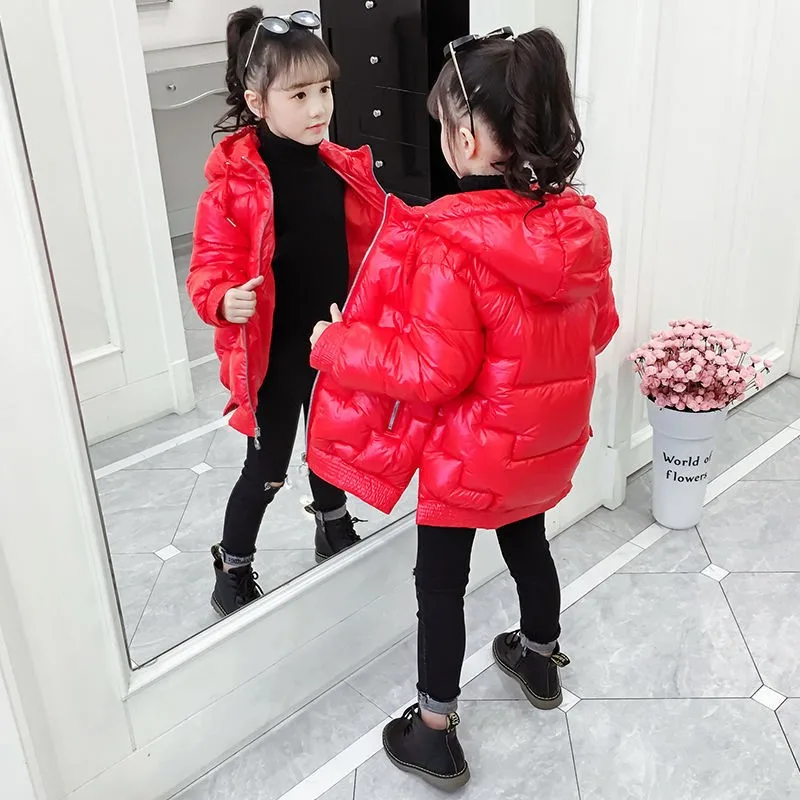 

Kids Girls Smooth Fabric Down Cotton Hooded Jackets Long Coat Teen Overcoat Winter Outdoor Sports Windproof For 4-14 Years Old