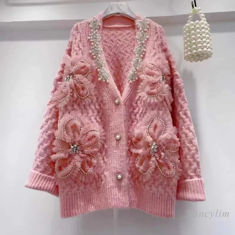 Large Size Cardigans Womens 2022 Autumn and Winter New Exquisite Rhinestone Pearl Beaded Twist Flower Knitted Coat Long Knitwear