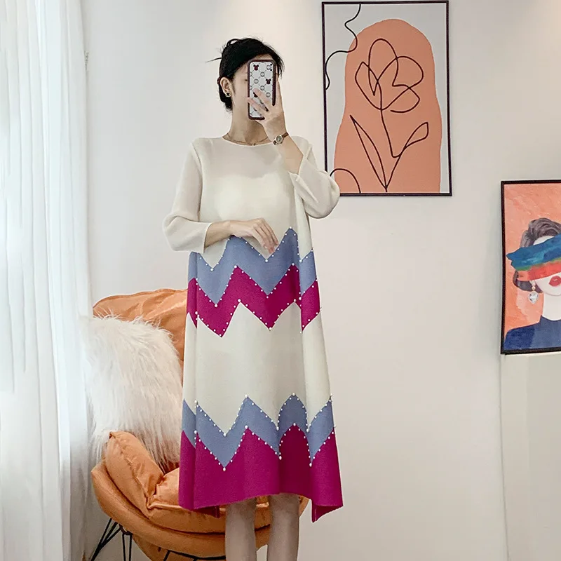 

Miyake Pleated Stitching Beaded Temperament Slim Dress Spring And Autumn Women's 2022 Loose Slim Long Skirt Women's Fashion