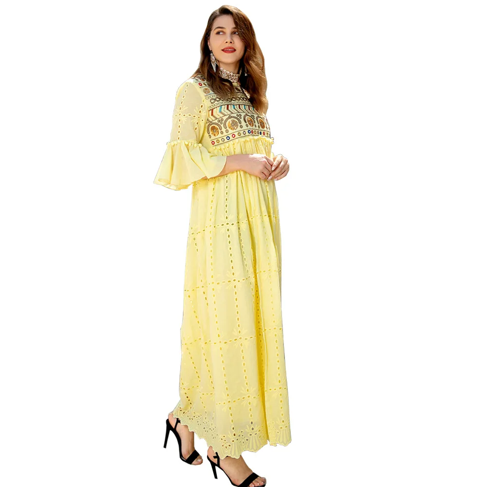 Robe Femme Musulmane Middle East Ramadan Lantern Sleeve Muslim Fashion Loose Arabic Sequin Embroidered Cotton Abayas For Women
