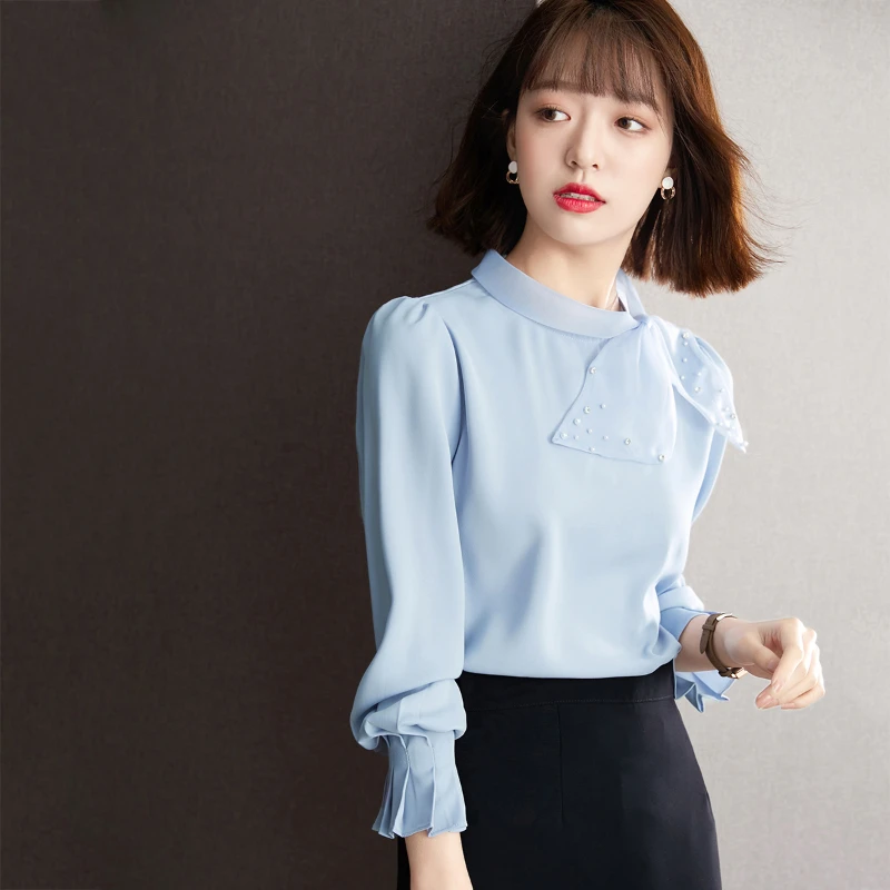 

New Korean Fashion Ladies Blue Shirts blouse Casual women tops Female Woman Button Up Shirt Girls Long Sleeve Blouse PyA1149