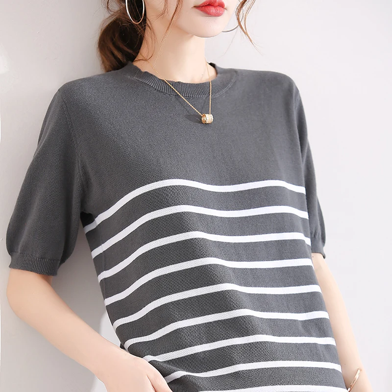 

2022 new summer round neck short-sleeved T-shirt women's pullover loose striped t-shirt top
