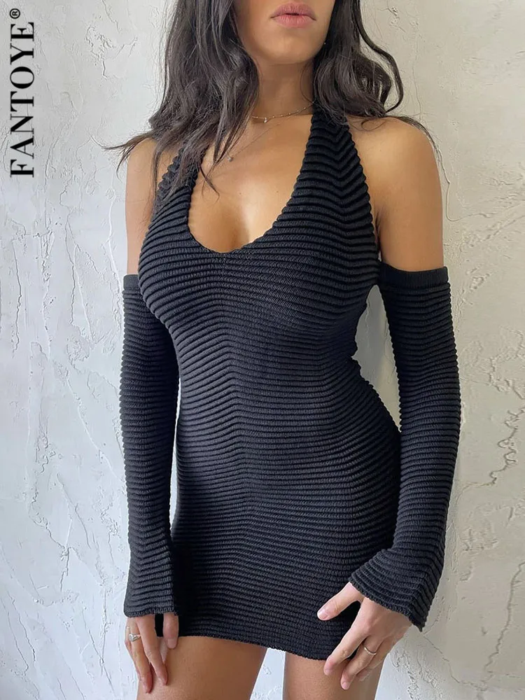 

Fantoye Halter Knit Sweater Dress With Gloves For Women Deep V Neck Long Sleeve Backless Sexy Off Shoulder Bodycon Party Dress