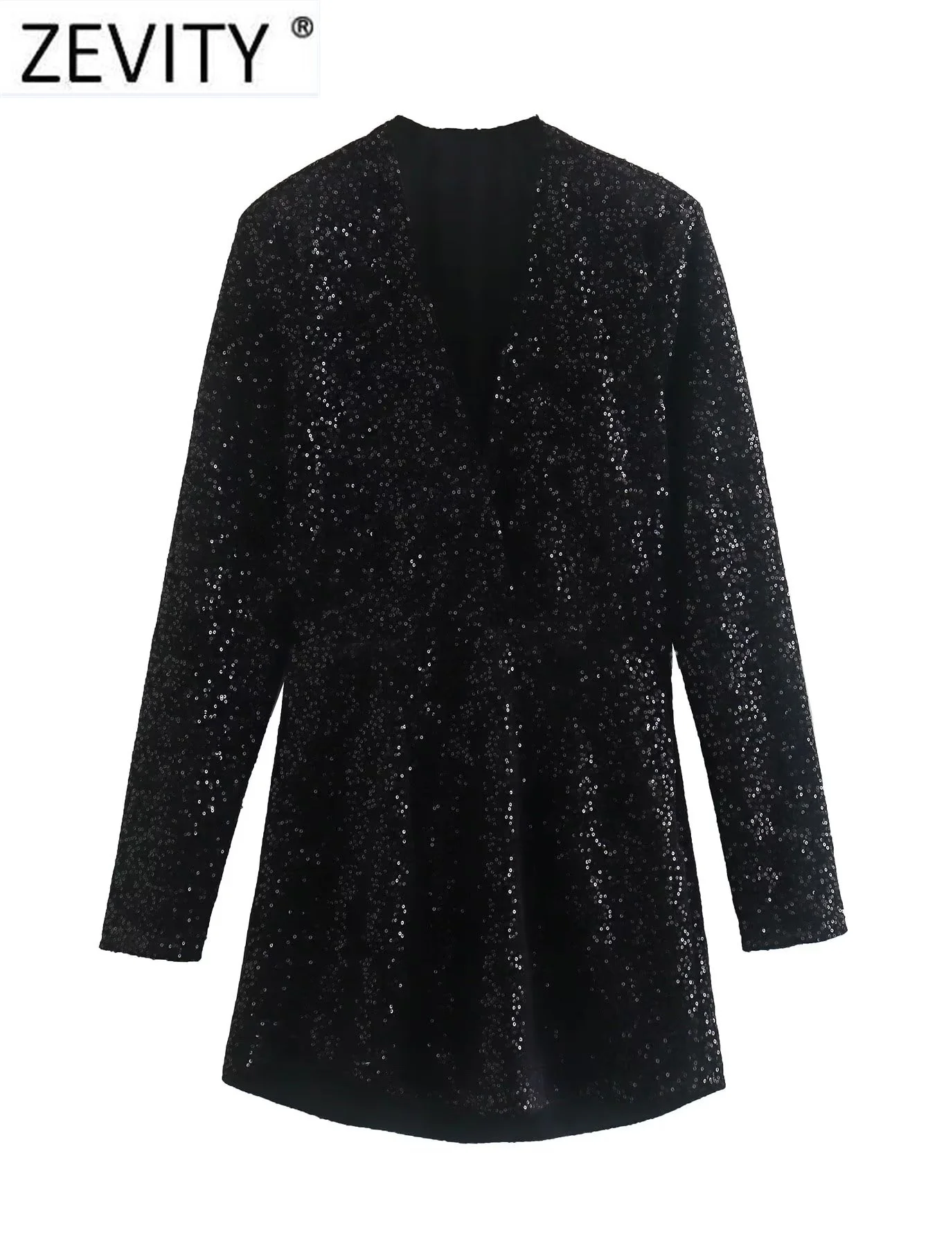

Zevity Women Vintage V Neck Sequined Black Mini Dress Office Lady Chic Long Sleeve Side Zipper Casual Slim Party Vestidos DS2991