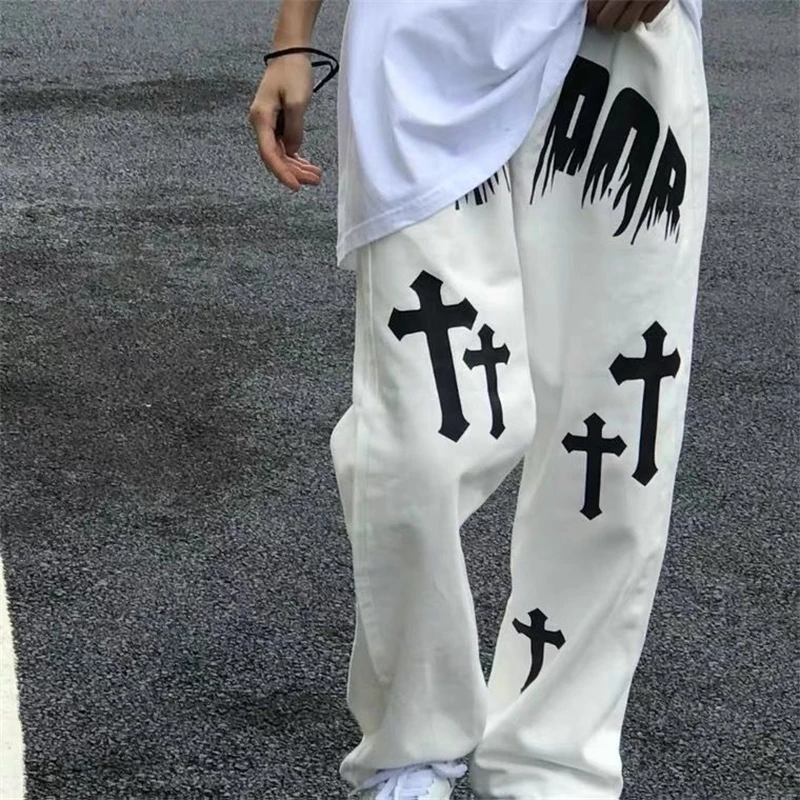 Cross Print Jeans High Street Loose Straight Jean Men and Women Wide Leg Mopping Daddy Pants 2023 Y2k Hip Hop Denim Pant White