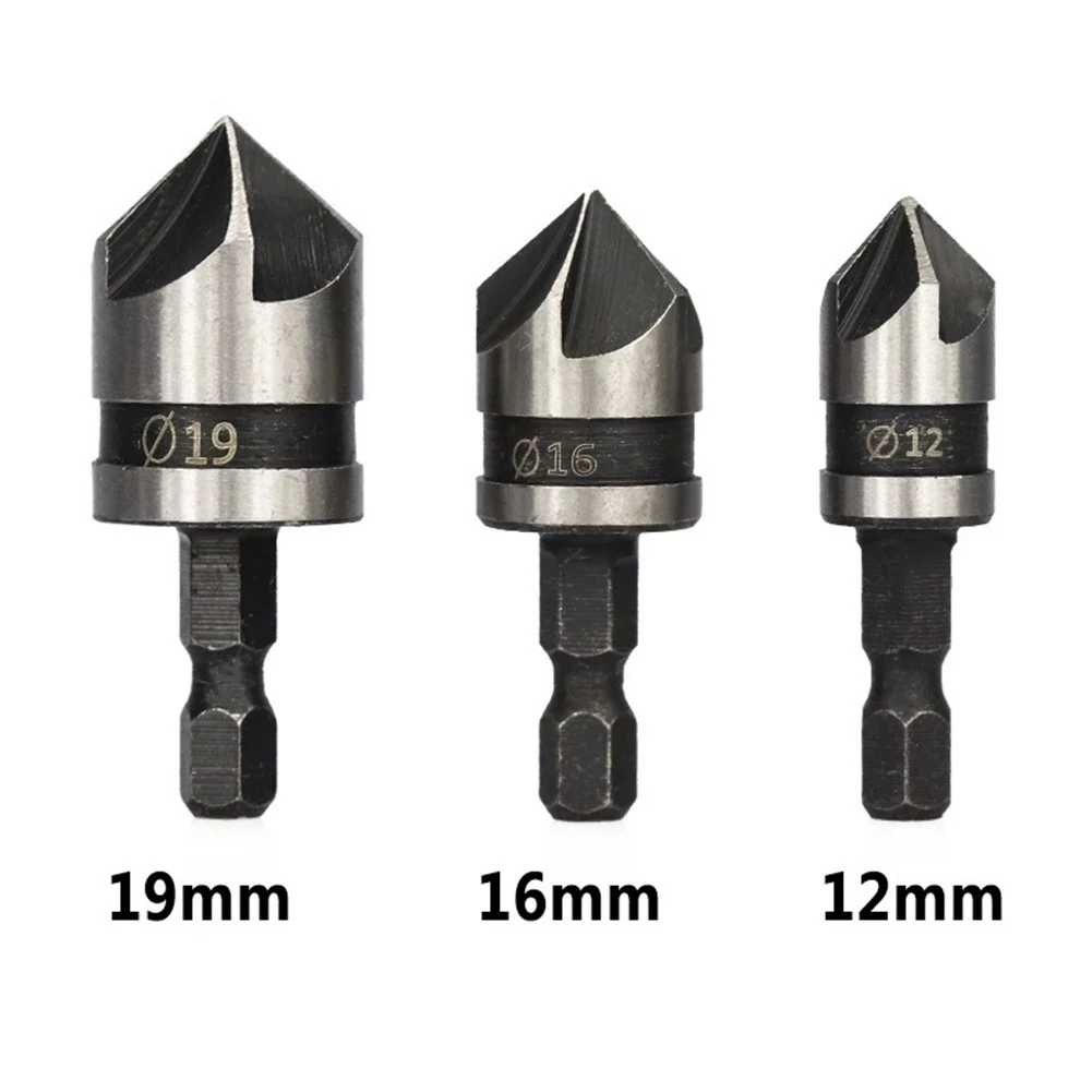 

1pc Countersink Drill Bit 12/16/19mm 5 Flute Woodworking Drill Bit Cutter 1/4" Hex Quick Change Shanks Metal Drilling Drill Bit