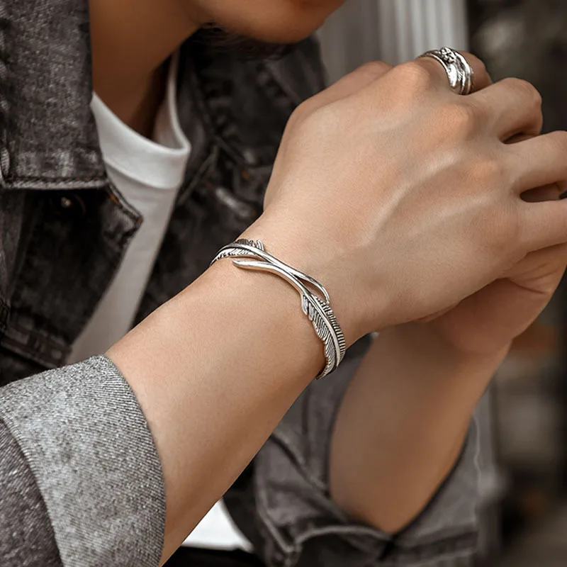 

VENTFILLE Silver Color Feather Bangle Bracelet for Men Women Gothic Punk 925 Stamped Jewelry Gift Lucky Indian Style Dropship