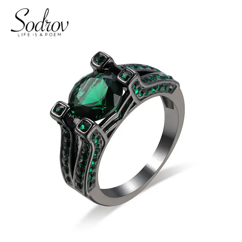 

SODROV Fashion Black Gold Color Green Zircon Rings for Women Engagement Wedding Whole Sale Jewelry Gift