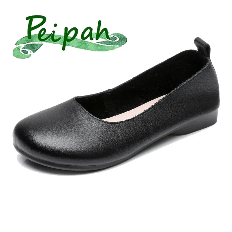 

PEIPAH Summer New Retro Round Toe Casual Ballet Flats Ladies Genuine Leather Solid Shoes for Women Slip On Sewing Footwear