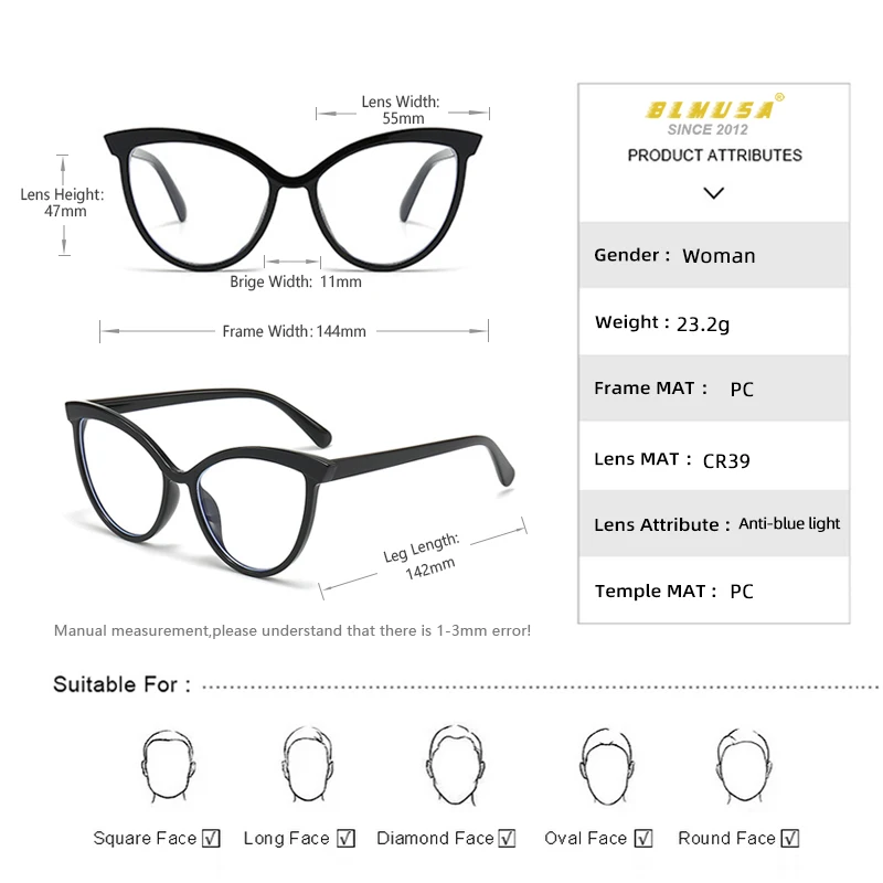 Очки BLMUSA женские фотохромные Модные оптические аксессуары кошачий глаз с