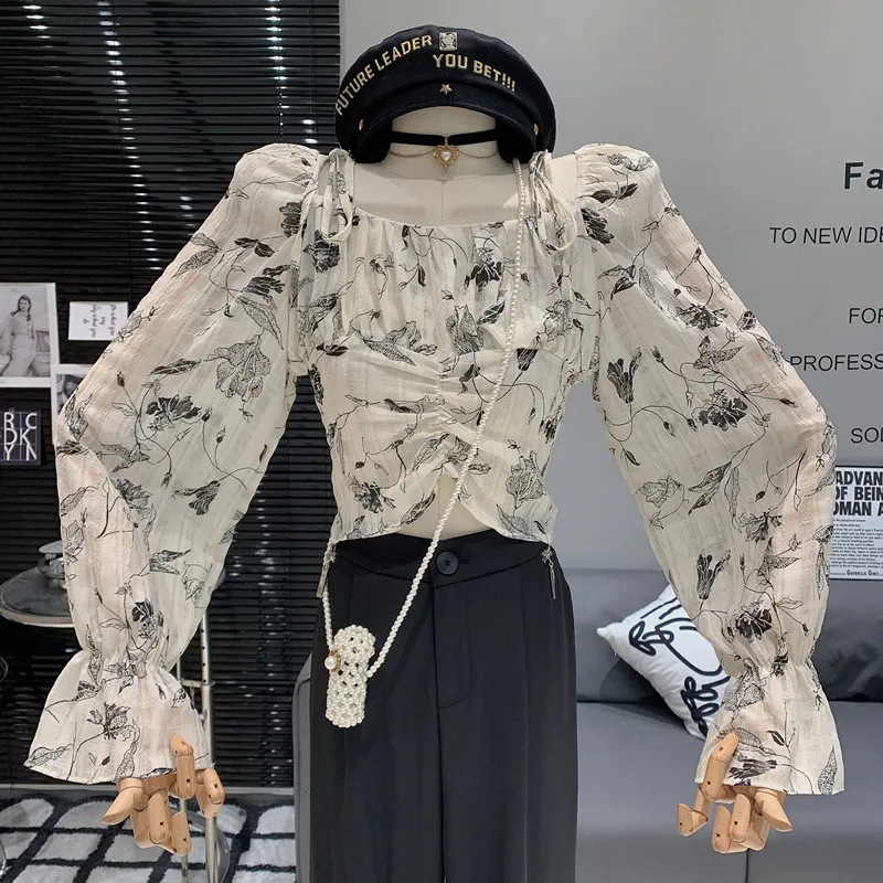 

Женская винтажная шифоновая рубашка, белая блузка с квадратным вырезом, пышными рукавами и принтом, лето 2023