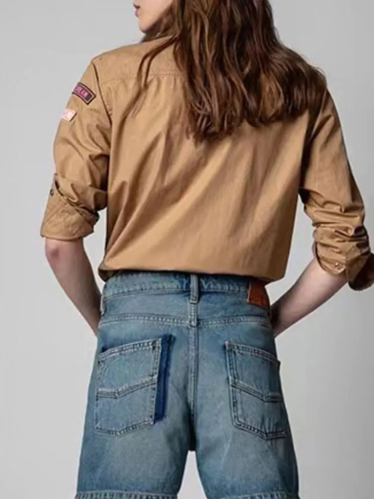 

Women's 2022 Letter Embroidered Lapel Top Cotton Shirt