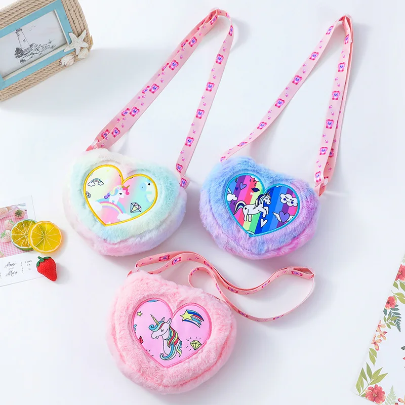 Little Princess Girls Cute Heart Shape Crossbody Purse Toddler Baby Gift Shoulder Bag Kids Embroidery Fluffy Unicorn Coin Purse