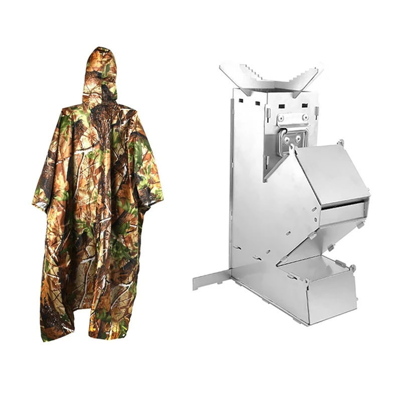 

Outdoor Three-In-One Raincoat Multi-Purpose Backpack With Camping Stove Wood Burning Rocket Stove Backpacking