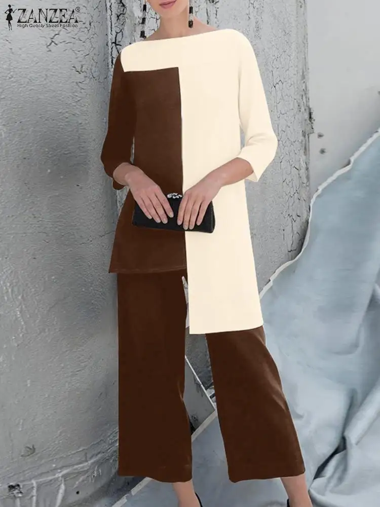 

ZANZEA Two Piece Sets Womens Outifits Elegant 3/4 Sleeve Patchwork Blouse Pant Sets Fashion Urban Tracksuit Spring OL Work Suits