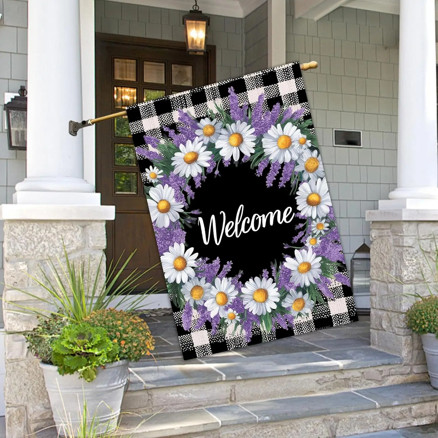 Фото Флаг для дома Lavender Daisy, 28 x 40 дюймов, двусторонний садовый флаг с клетчатым узором «Буффало» и текстом «Добро пожаловать» для весны и лета, для улицы, PPM №5