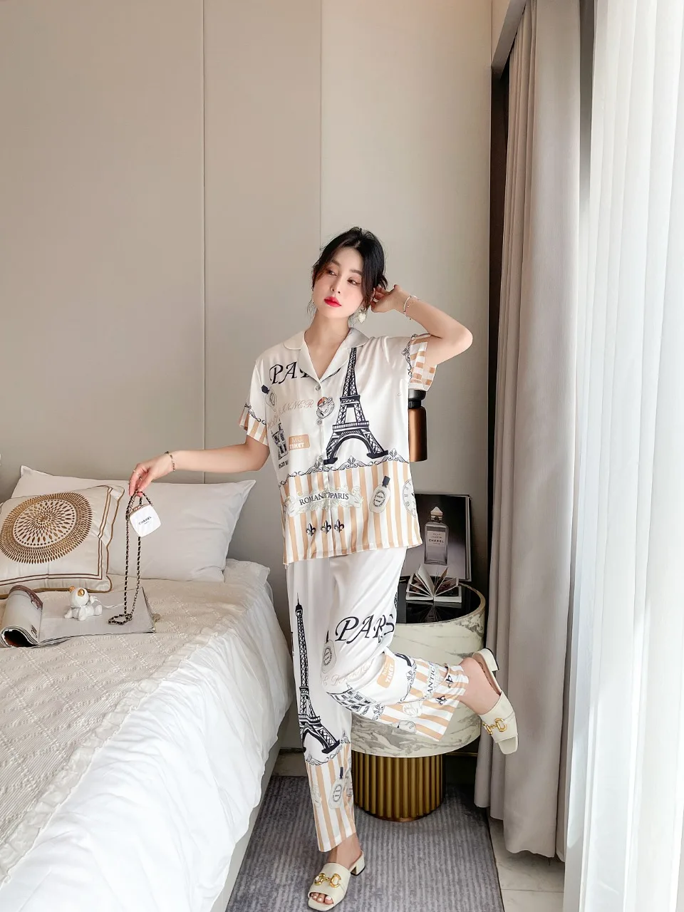 [Women's pajamas] [high-quality]Summer New Cartoon Pajamas Women's INS Ice Home Fur Short Sleeve Long Pants Set Net Red Style