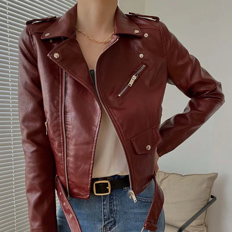 Fashion 2023 Autumn Winter Women Short Coat Female Faux Leather Jackets PU Turn-Down Collar Zippers Belt Motorcycle Gothic Punk