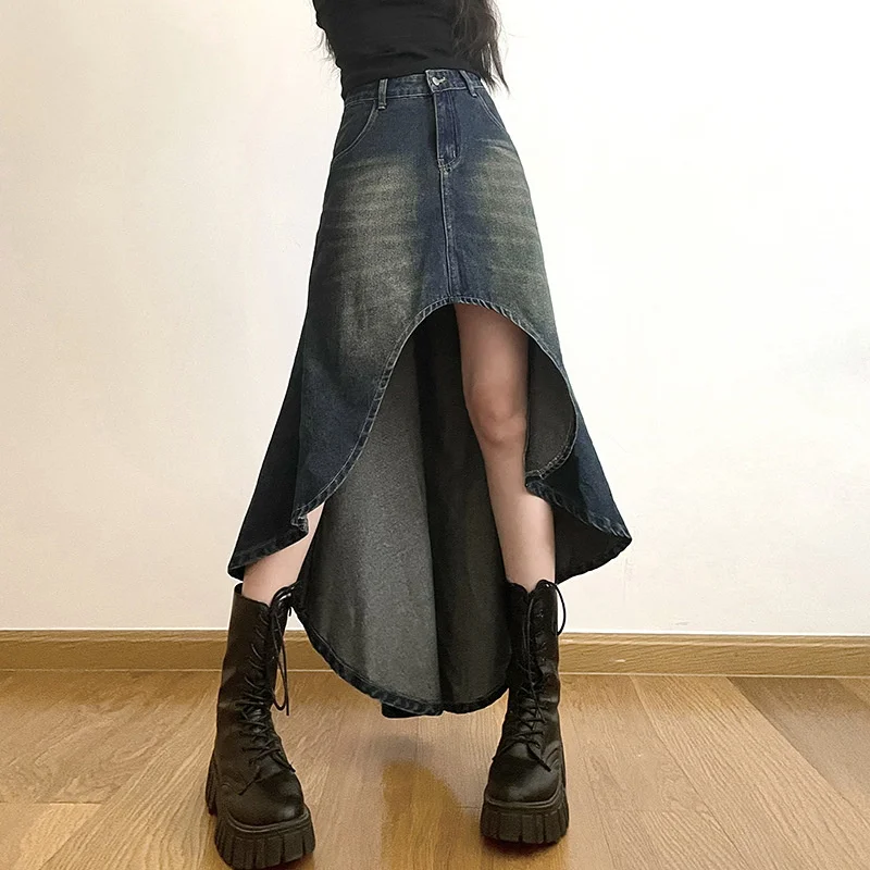 

2023 American Y2K Distressed Irregular Denim Half Skirt Women's Front Split Open Leg Drop Feeling Slim A-line Wrapped Hip Long D