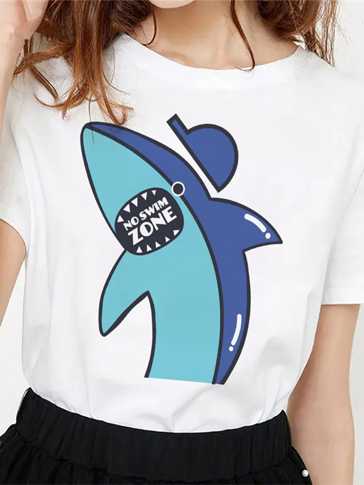 

Shark T-shirts For Woman O-neck Tops Ladies Casual Basic Short Sleeves Shirt White Tshirt Summer Ocean Cartoon Printed Clothing