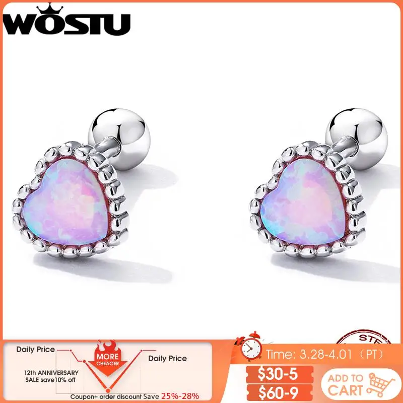 

WOSTU 925 Sterling Silver Classical Heart Shape Pink Opal Stud Earrings For Women Simple Vintage Ear Studs Jewelry Gift FIE1383