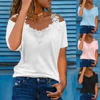 2022 summer short sleeve sexy lace shirt tee women casual v neck loose t shirt ladies hollow sling elegant pullover top