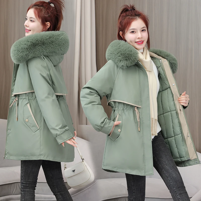 

Женская осенне-зимняя длинная куртка-пуховик с меховой подкладкой и капюшоном, женские свободные однотонные пальто на молнии с хлопковой подкладкой