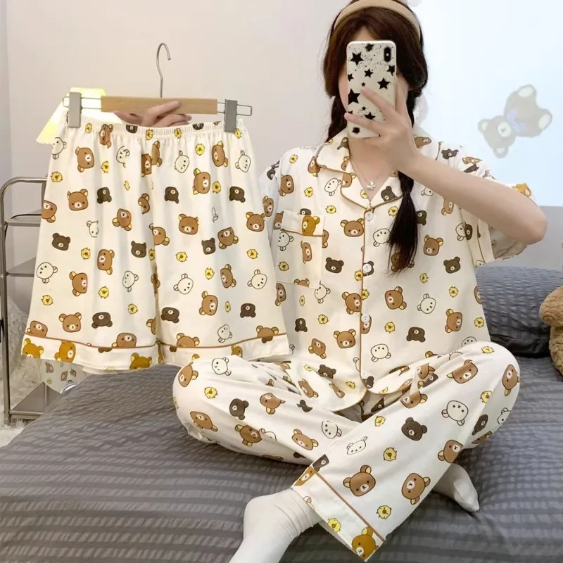 Фото Пижамы Rilakkuma, летние, с короткими рукавами, милые, с мультяшными рисунками, домашняя одежда, комплект из трех предметов, которые можно носить и на улице. №1