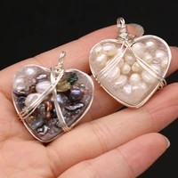natural stone heart pearl bud wrapped silver wire pendant for jewelry making diy necklace earring accessories gems charm gift1pc