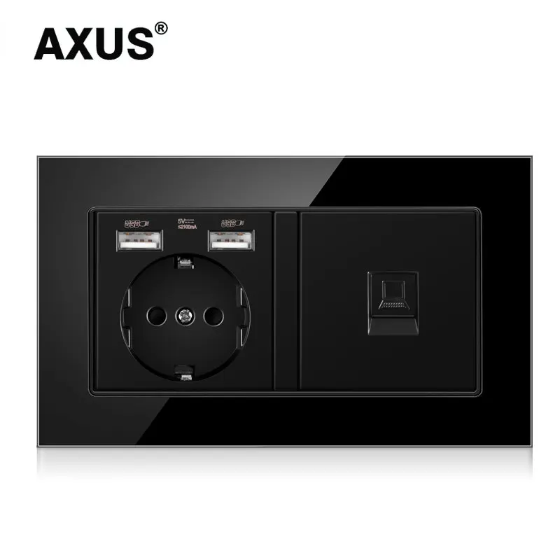 

Розетка сетевая AXUS, черная, из закаленного стекла, RJ45, CAT6, 146*86 мм