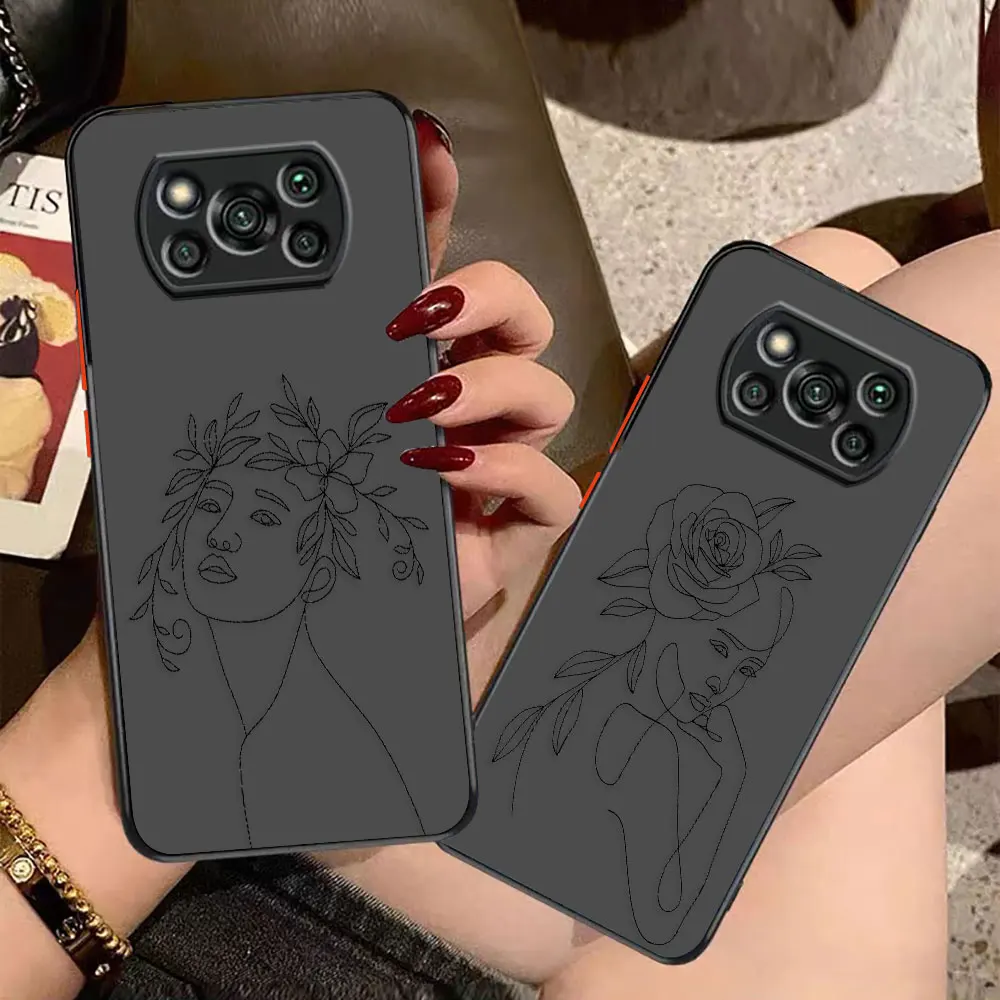 

Line Art Sketch Flower Girl Protection Matte Case for Xiaomi POCO X4 X3 X2 M4 M3 M2 F4 F3 GT F2 C40 PRO A3 MIX4 CIVI Case Shell