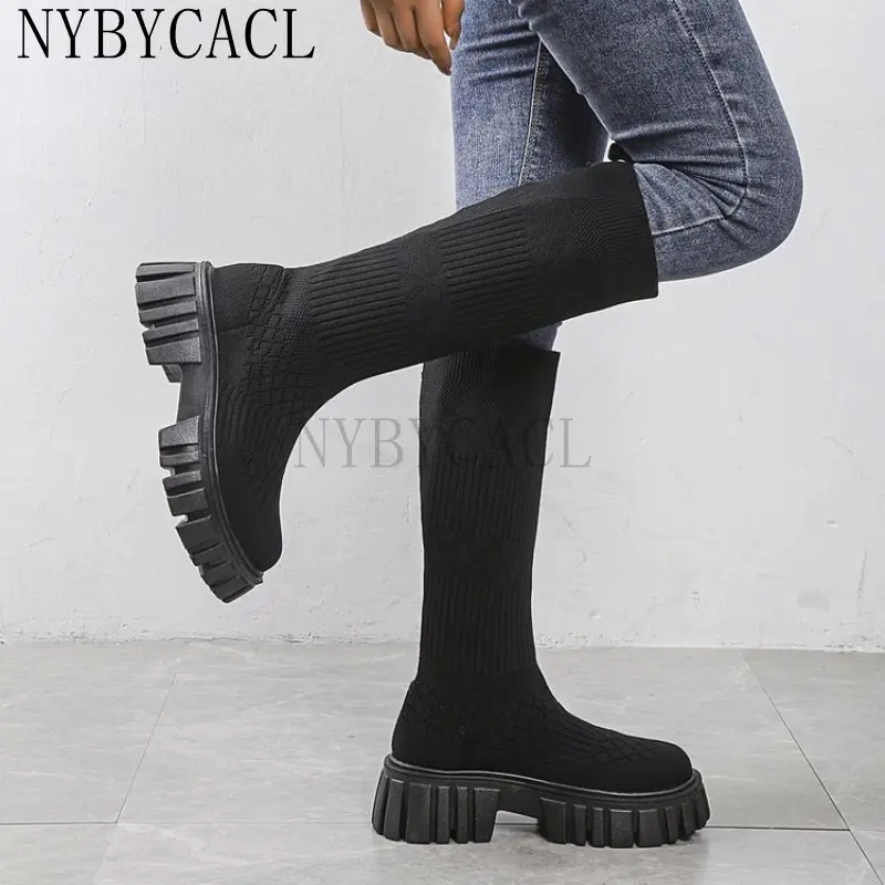 Sexy Women Knee-high Platform Boots Autumn Winter Slip-on Stretch Long Modern Boots Female All-match High-top Elastic Shoes New