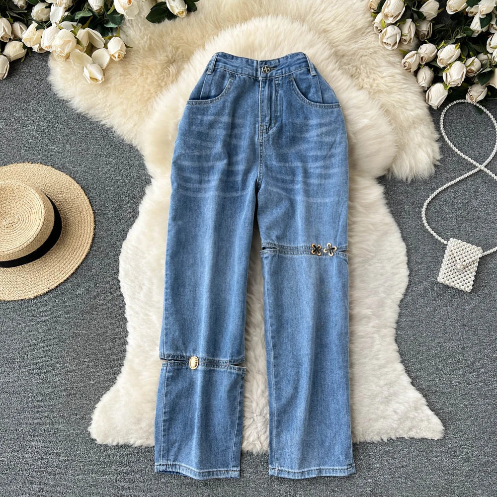 

Нишевые дизайнерские свободные прямые джинсы с дырками, женские летние тонкие широкие длинные брюки