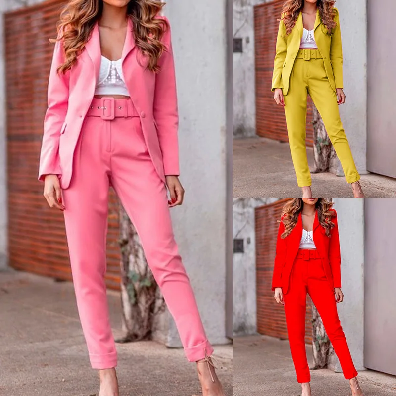 

Women Tracksuit Two Pieces Set Long Sleeve Turn Down Collar Single Button Solid Color Pencil Pants Pockets Office Lady Belt